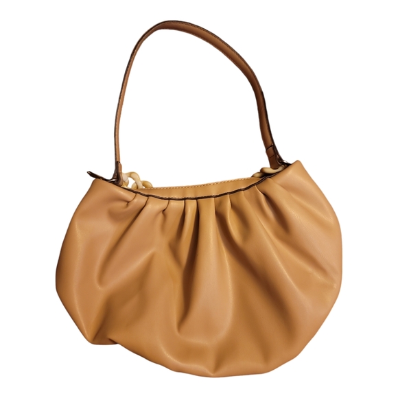 Max Studio purse beige natural chainlink tortoise shell handle leather pleated - Picture 2 of 7